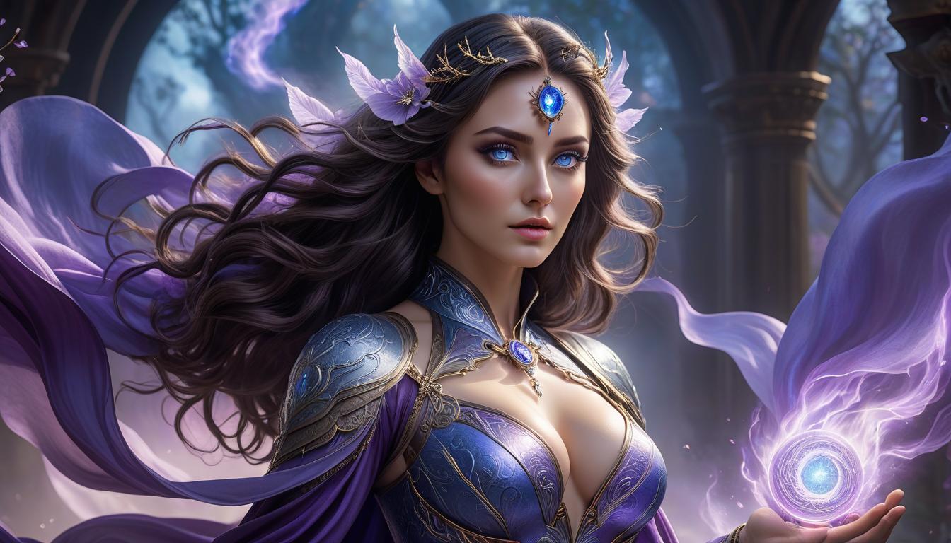  ethereal fantasy concept art of , with blue eyes, soft features, medium bare s, erect s, wavy dark hair, arrogant expression, casts a spell, surrounded by a purple aura.8k. hdr . magnificent, celestial, ethereal, painterly, epic, majestic, magical, fantasy art, cover art, dreamy hyperrealistic, full body, detailed clothing, highly detailed, cinematic lighting, stunningly beautiful, intricate, sharp focus, f/1. 8, 85mm, (centered image composition), (professionally color graded), ((bright soft diffused light)), volumetric fog, trending on instagram, trending on tumblr, HDR 4K, 8K