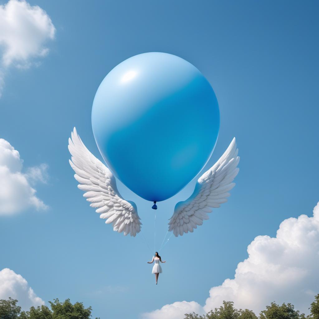  A blue balloon with white angel wings on it floating to heaven in a serene sky background. hyperrealistic, full body, detailed clothing, highly detailed, cinematic lighting, stunningly beautiful, intricate, sharp focus, f/1. 8, 85mm, (centered image composition), (professionally color graded), ((bright soft diffused light)), volumetric fog, trending on instagram, trending on tumblr, HDR 4K, 8K