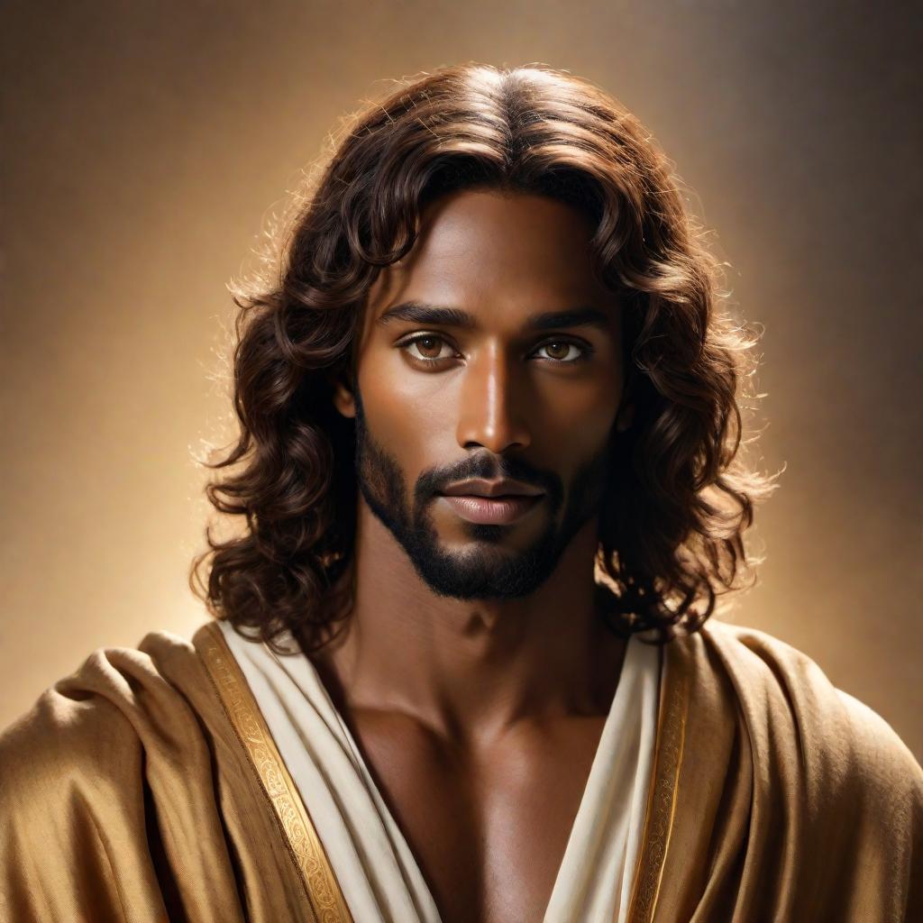  A depiction of Jesus Christ with black African features. He should have dark skin, curly hair, and gentle, compassionate eyes. The background should reflect a serene, spiritual atmosphere, possibly with a soft glowing light around him. His attire should be simple, traditional robes. hyperrealistic, full body, detailed clothing, highly detailed, cinematic lighting, stunningly beautiful, intricate, sharp focus, f/1. 8, 85mm, (centered image composition), (professionally color graded), ((bright soft diffused light)), volumetric fog, trending on instagram, trending on tumblr, HDR 4K, 8K