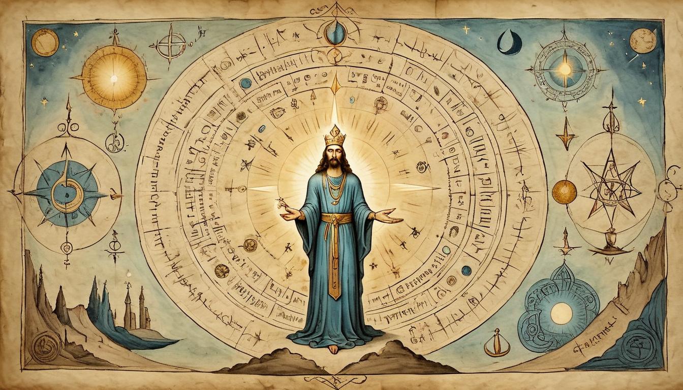  on parchment, surrealism+++, an enlightened figure radiating light, meditative pose, celestial glow, surrounded by ancient symbols, ethereal, serene(mysterious, provocative, symbolic,muted color)+++