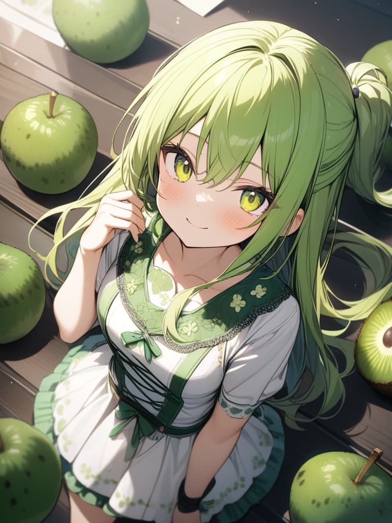  Cute, girl, long hair, thin body, kiwi fruit, kiwi decoration, yellow green eyes, yellow green hair, half twin tail, frill dress, smile, big eyes, masterpiece, best quality,8k,ultra detailed,high resolution,an extremely delicate and beautiful,hyper detail