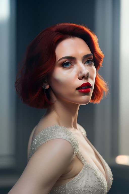  Ultra realistic picture, full lenght picture, Scarlett Johansson, amazing , beautiful , dark make up, pale skin, beautiful face, smile, short haircut, ultra short dress, deep age, ful, carmin red lips, medium s, on, slip, , High heels stiletto, noon Summer sun, soft light hyperrealistic, full body, detailed clothing, highly detailed, cinematic lighting, stunningly beautiful, intricate, sharp focus, f/1. 8, 85mm, (centered image composition), (professionally color graded), ((bright soft diffused light)), volumetric fog, trending on instagram, trending on tumblr, HDR 4K, 8K