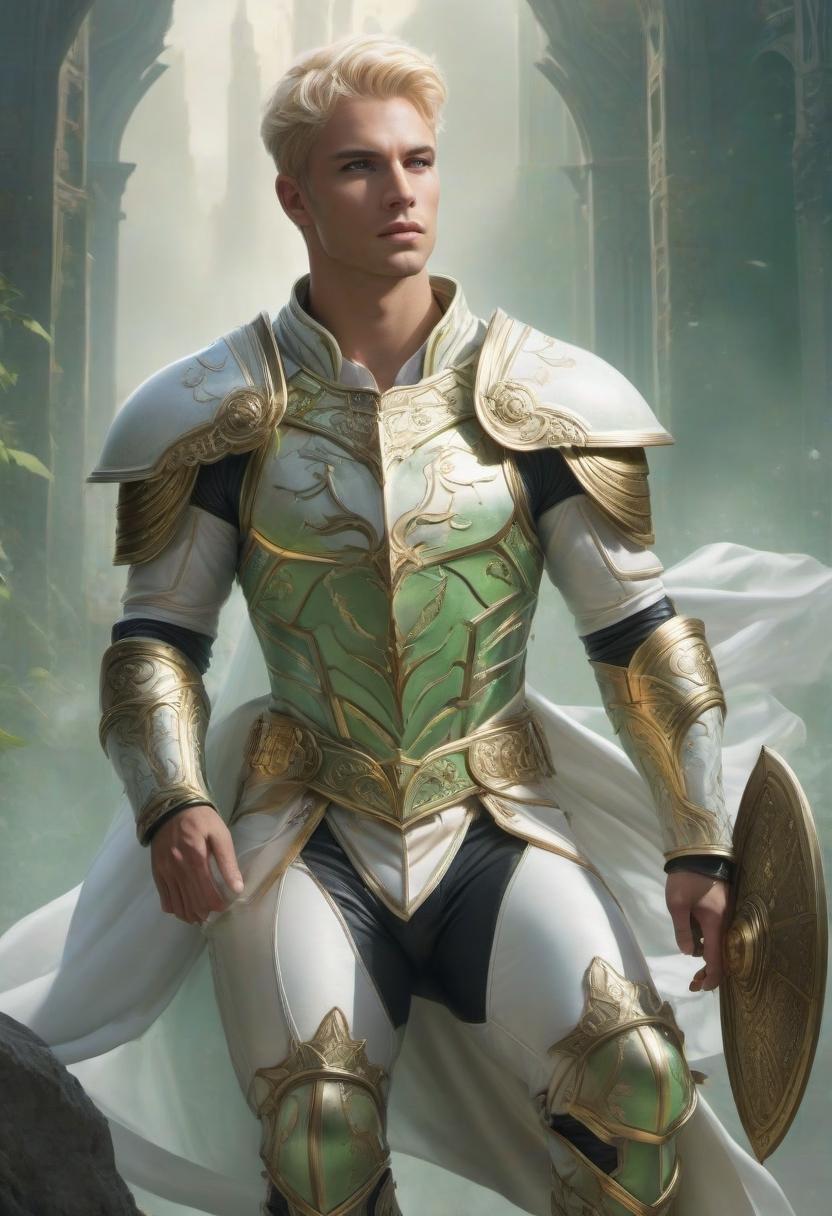  ethereal fantasy concept art of A young man, green eyes, blonde, short hair, no beard, muscular build, wearing a white leather armor. . magnificent, celestial, ethereal, painterly, epic, majestic, magical, fantasy art, cover art, dreamy hyperrealistic, full body, detailed clothing, highly detailed, cinematic lighting, stunningly beautiful, intricate, sharp focus, f/1. 8, 85mm, (centered image composition), (professionally color graded), ((bright soft diffused light)), volumetric fog, trending on instagram, trending on tumblr, HDR 4K, 8K