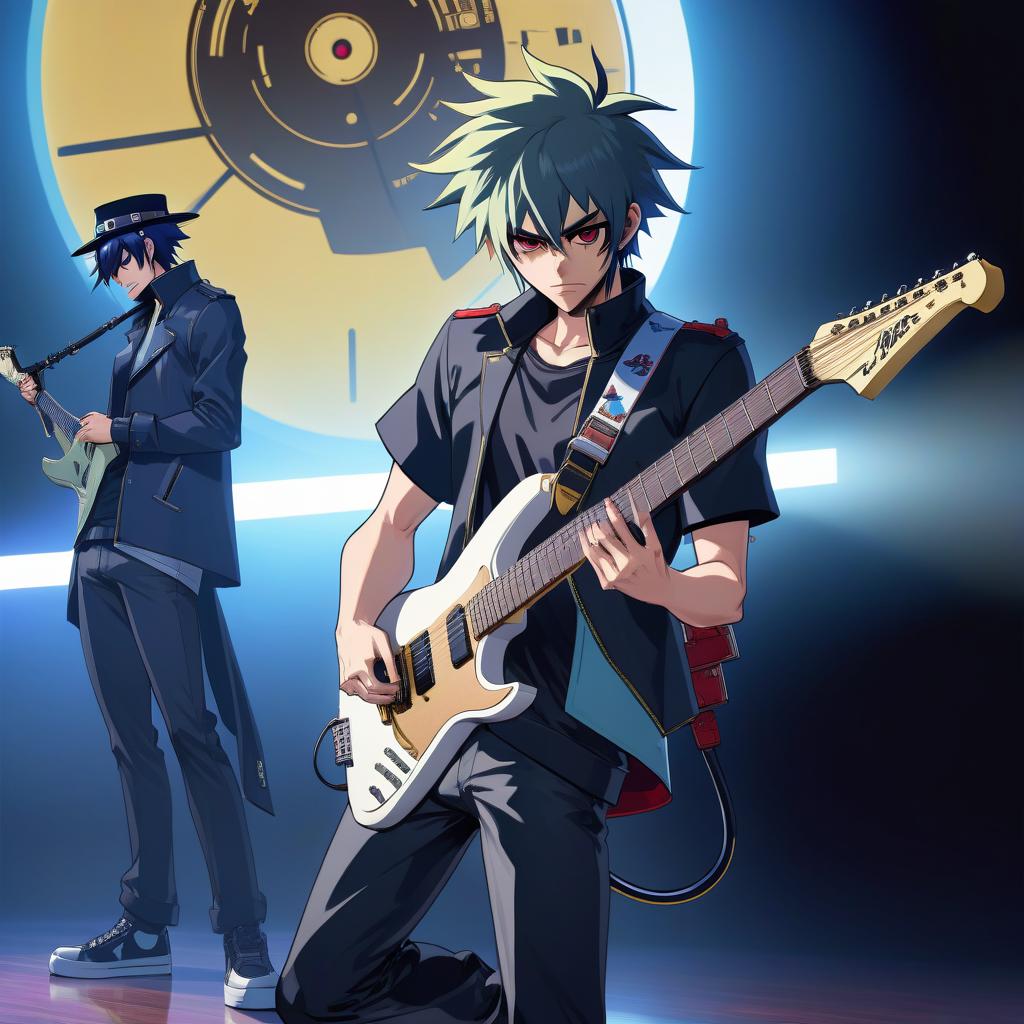  anime artwork Character, front, side views, full length with legs and all parts, concept art, a man with a beard playing a guitar, schecter km 6 guitar, 6 string guitar, head with hat, black sneakers on feet, tesseract, clayton crain, holding electric guitar, tattoed left hand, scenic full shot, a picture, by Kamisaka Sekka, pixiv contest winner, shin hanga, gorillaz album cover, detail shot, magazine scan, urusei yatsura, 2d, anime, extremely hyper detailed clothing, modest clothes, (extremely hyper detailed face), (masterpiece:1.4), (perfect eyes:1.1), (deep eyes), 32K HD, rough, intense look . anime style, key visual, vibrant, studio anime, highly detailed hyperrealistic, full body, detailed clothing, highly detailed, cinematic lighting, stunningly beautiful, intricate, sharp focus, f/1. 8, 85mm, (centered image composition), (professionally color graded), ((bright soft diffused light)), volumetric fog, trending on instagram, trending on tumblr, HDR 4K, 8K