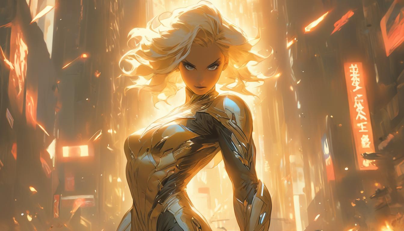  hyperrealism,fantasy aesthetic1woman, large busted attractive blonde arian female humanoid, standing at a crossroads with two diverging golden light paths, high tech clothing clad in sleek, futuristic costume with metallic accents and form fitting designs, marvel superhero comics style, unreal engine rendering