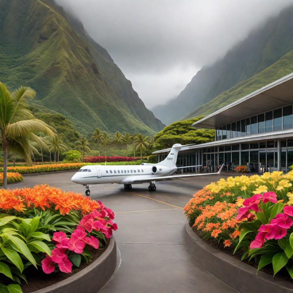  A scenic view of an outdoor airport terminal in Hawaii, surrounded by lush green mountains and colorful flowers. The atmosphere is humid and overcast, capturing the beauty of the tropical setting. hyperrealistic, full body, detailed clothing, highly detailed, cinematic lighting, stunningly beautiful, intricate, sharp focus, f/1. 8, 85mm, (centered image composition), (professionally color graded), ((bright soft diffused light)), volumetric fog, trending on instagram, trending on tumblr, HDR 4K, 8K