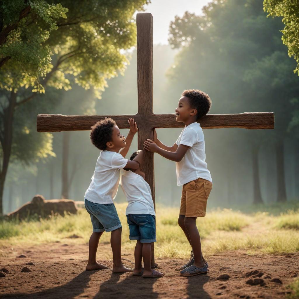  An image of kids playing around a cross in a peaceful and joyful manner, capturing the essence of innocence and happiness in their interactions with each other. hyperrealistic, full body, detailed clothing, highly detailed, cinematic lighting, stunningly beautiful, intricate, sharp focus, f/1. 8, 85mm, (centered image composition), (professionally color graded), ((bright soft diffused light)), volumetric fog, trending on instagram, trending on tumblr, HDR 4K, 8K