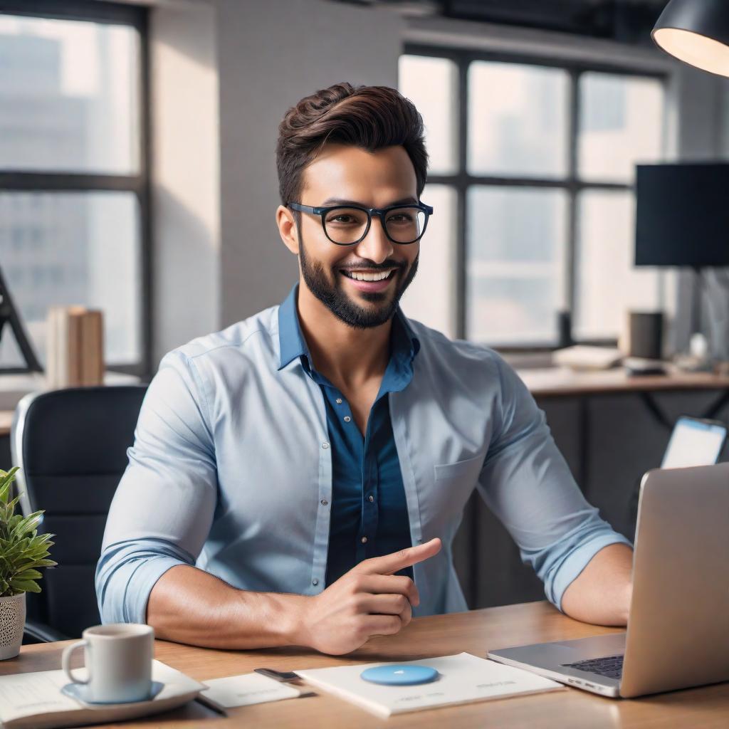  A friendly AI assistant sitting at a desk, asking questions about the content of a TikTok video. It appears to be ready and eager to help, with a thought bubble containing questions like 'Is it a dance?', 'Is it a funny skit?', and 'Any hashtags in mind?'. The background should look like a cozy, modern office space with a computer and some stationary on the desk. hyperrealistic, full body, detailed clothing, highly detailed, cinematic lighting, stunningly beautiful, intricate, sharp focus, f/1. 8, 85mm, (centered image composition), (professionally color graded), ((bright soft diffused light)), volumetric fog, trending on instagram, trending on tumblr, HDR 4K, 8K