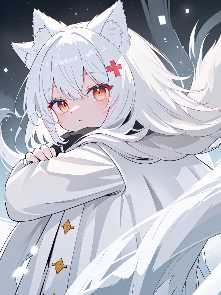  ((white fluffy werewolf only、anthropomorphic wolf only、1 man with the head of a wolf))、claw hands、from behind、looking back、(white trench coat with a red cross pattern on the back)、best quality:1.4、masterpiece:1.4、ultra detailed texture、RAW photorealistic、absurd resolution、8K illustration、💩、💩、💩、💩、💩、, masterpiece, best quality,8k,ultra detailed,high resolution,an extremely delicate and beautiful,hyper detail