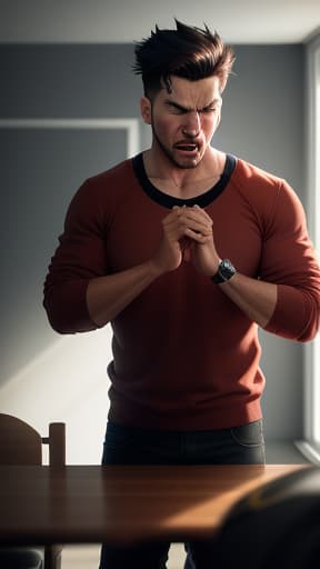  a man in his anger slams his hands on the table and at the same time everything in the room is blown from its spot as if a bomb went off, hyperrealistic, high quality, highly detailed, perfect lighting, intricate, sharp focus, f/1. 8, 85mm, (centered image composition), (professionally color graded), ((bright soft diffused light)), trending on instagram, HDR 4K, 8K