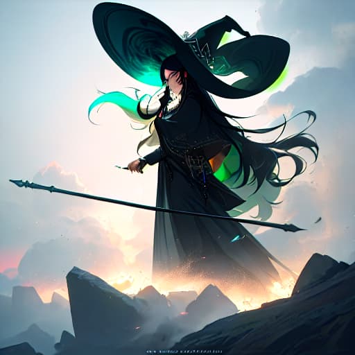  (A beautiful witch with long black hair, green eyes and tattoos), anime, highly detailed, 4k, high quality, trending on art station hyperrealistic, full body, detailed clothing, highly detailed, cinematic lighting, stunningly beautiful, intricate, sharp focus, f/1. 8, 85mm, (centered image composition), (professionally color graded), ((bright soft diffused light)), volumetric fog, trending on instagram, trending on tumblr, HDR 4K, 8K