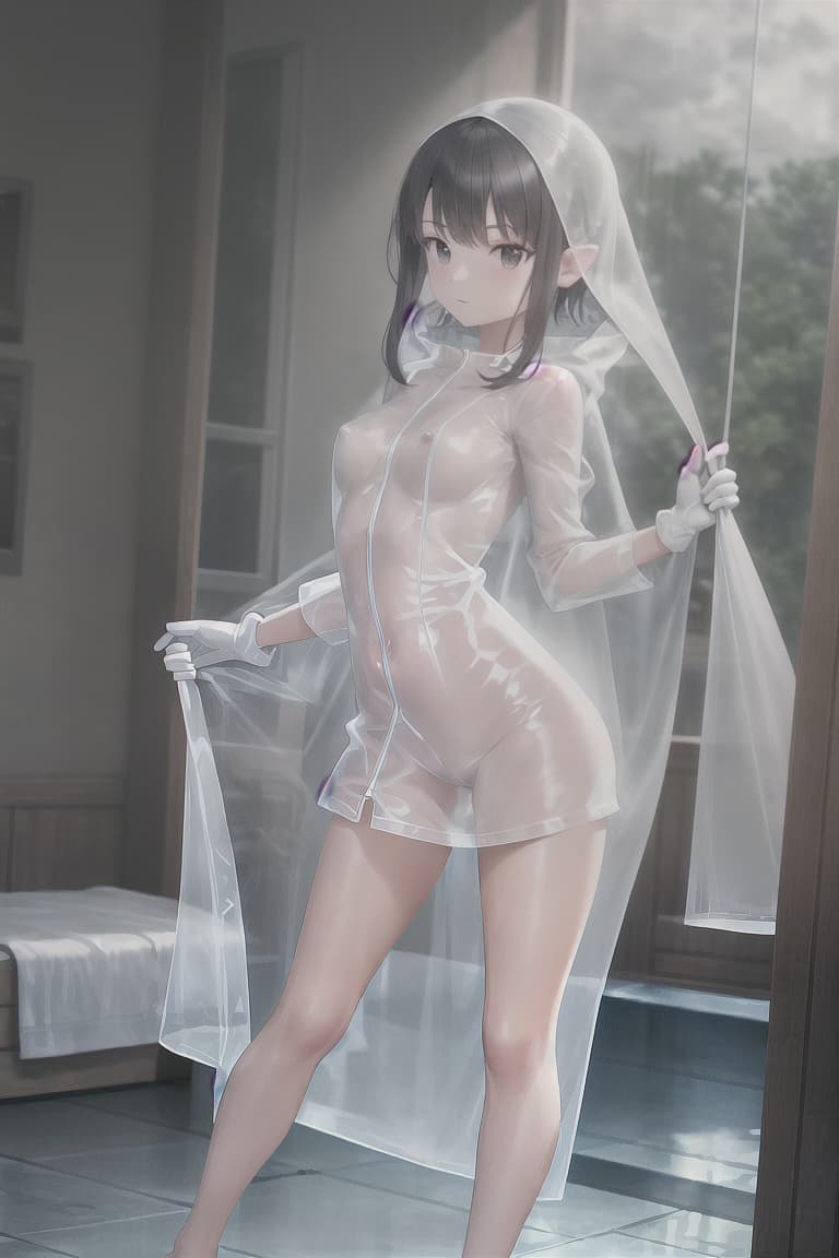  master piece , best quality,Naked girl wearing rubber gloves, barefoot and wearing a transparent raincoat.