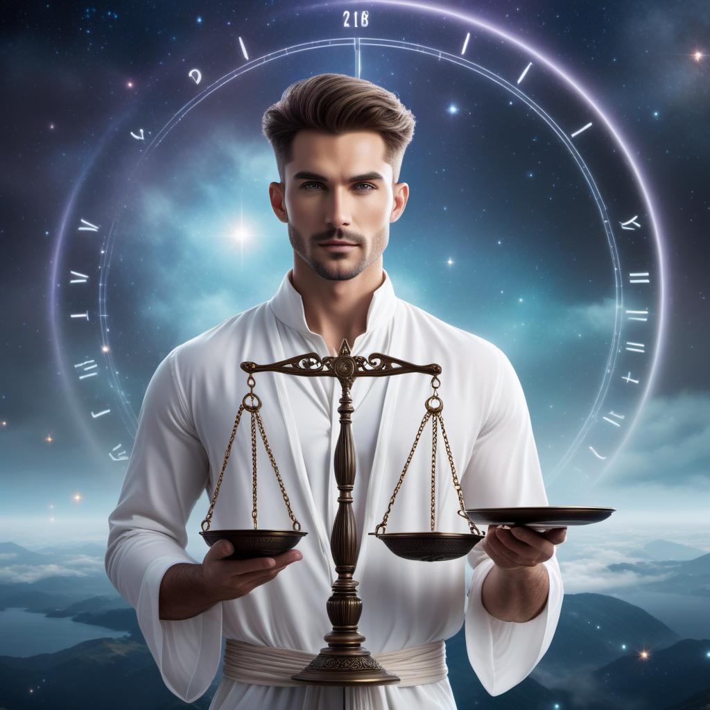  Enchanting white male holding a scale as a symbol of balance in the sign of Libra zodiac, lofi fantasy style. The character should have a harmonious and balanced appearance, with soft, dreamy, and relaxed lofi elements. Include celestial or cosmic background details to create an enchanting atmosphere. hyperrealistic, full body, detailed clothing, highly detailed, cinematic lighting, stunningly beautiful, intricate, sharp focus, f/1. 8, 85mm, (centered image composition), (professionally color graded), ((bright soft diffused light)), volumetric fog, trending on instagram, trending on tumblr, HDR 4K, 8K