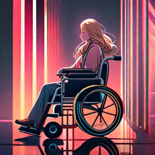  A picture of a woman sitting in a wheelchair with a sign on the back that says wide load, blonde woman hyperrealistic, full body, detailed clothing, highly detailed, cinematic lighting, stunningly beautiful, intricate, sharp focus, f/1. 8, 85mm, (centered image composition), (professionally color graded), ((bright soft diffused light)), volumetric fog, trending on instagram, trending on tumblr, HDR 4K, 8K