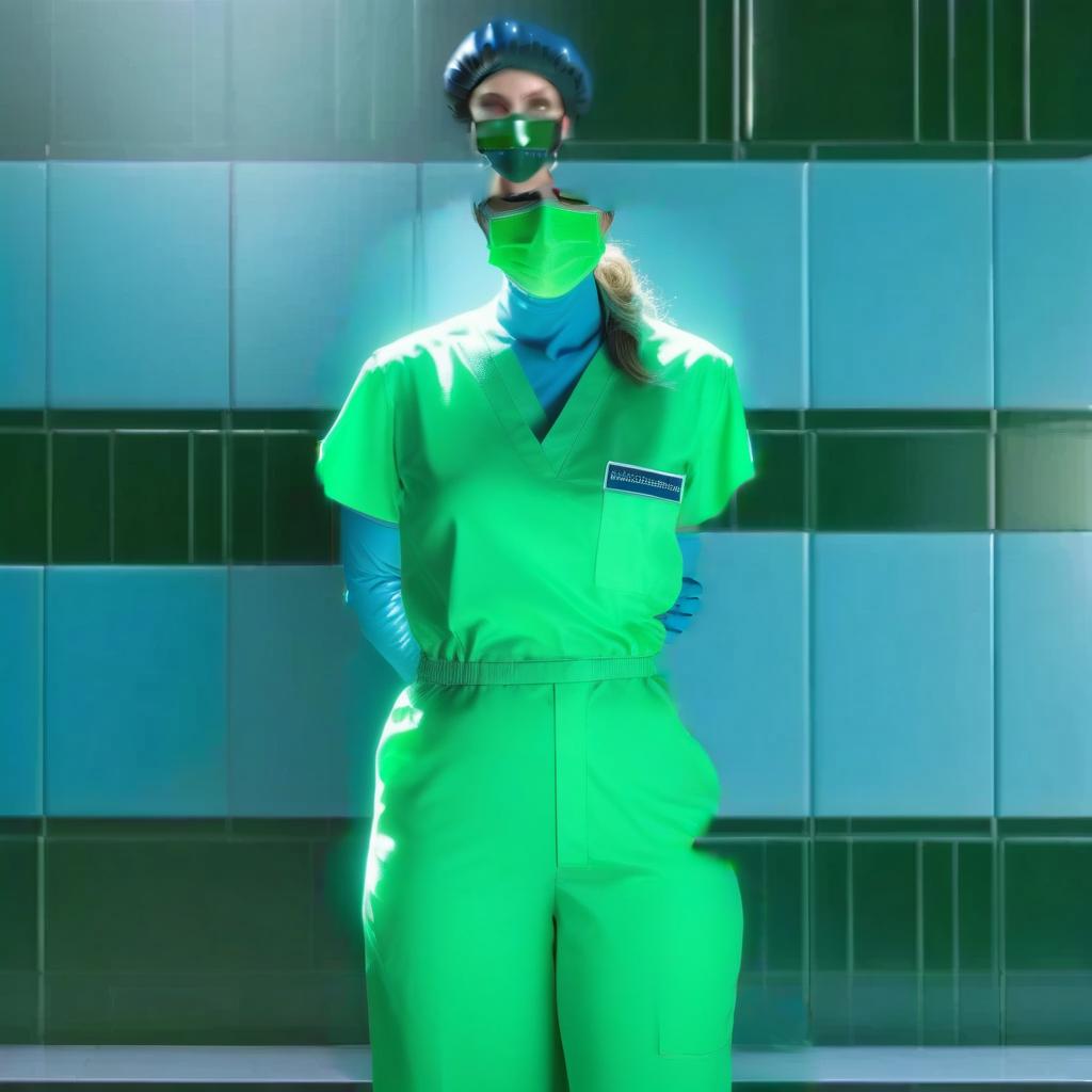  a woman surgeon, standing in full height, front view, full face surgical scrubs: short sleeve, v neck, with trousers with elastic waist, and ankle length, made of glossy latex, gradient from dark green from the collar and shoulders to dark blue to the hem of the trousers hyperrealistic, full body, detailed clothing, highly detailed, cinematic lighting, stunningly beautiful, intricate, sharp focus, f/1. 8, 85mm, (centered image composition), (professionally color graded), ((bright soft diffused light)), volumetric fog, trending on instagram, trending on tumblr, HDR 4K, 8K