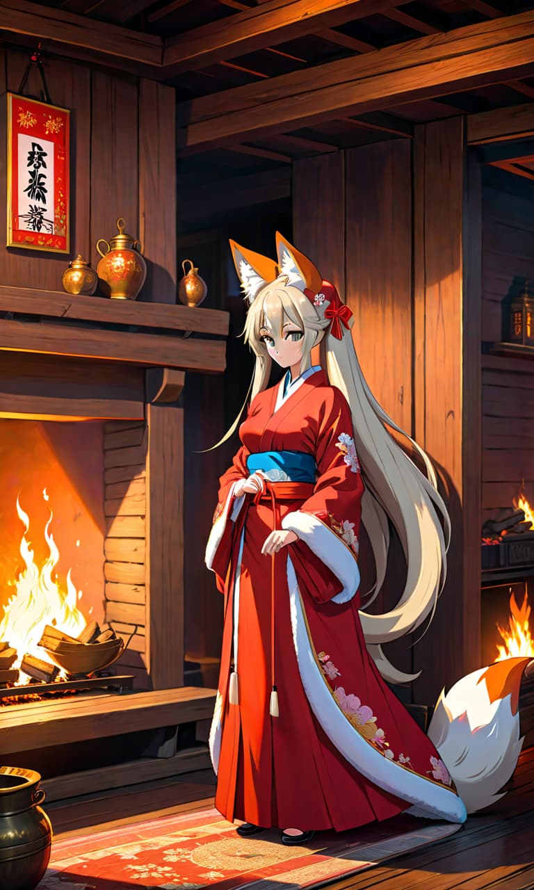  anime artwork A slim Russian girl, of full height, with Russian hair and foxlike ears, and nine Russian tails, stands near a fireplace in a wooden house, wearing a medical kimono. . anime style, key visual, vibrant, studio anime, highly detailed hyperrealistic, full body, detailed clothing, highly detailed, cinematic lighting, stunningly beautiful, intricate, sharp focus, f/1. 8, 85mm, (centered image composition), (professionally color graded), ((bright soft diffused light)), volumetric fog, trending on instagram, trending on tumblr, HDR 4K, 8K