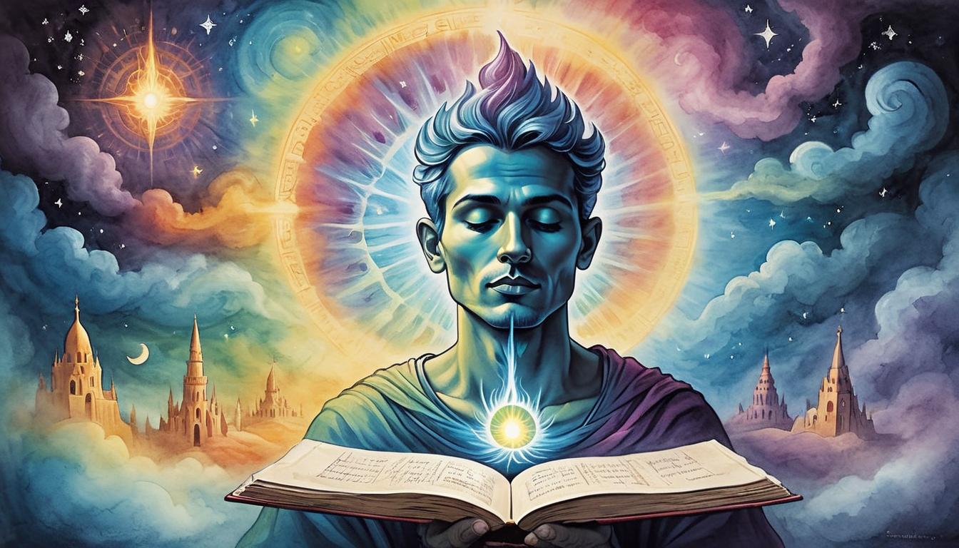  on parchment, surrealism+++, Person in deep meditation, colorful aura, mind visualizing radiant light emitting from body, hopeful and introspective, ethereal(mysterious, provocative, symbolic,muted color)+++