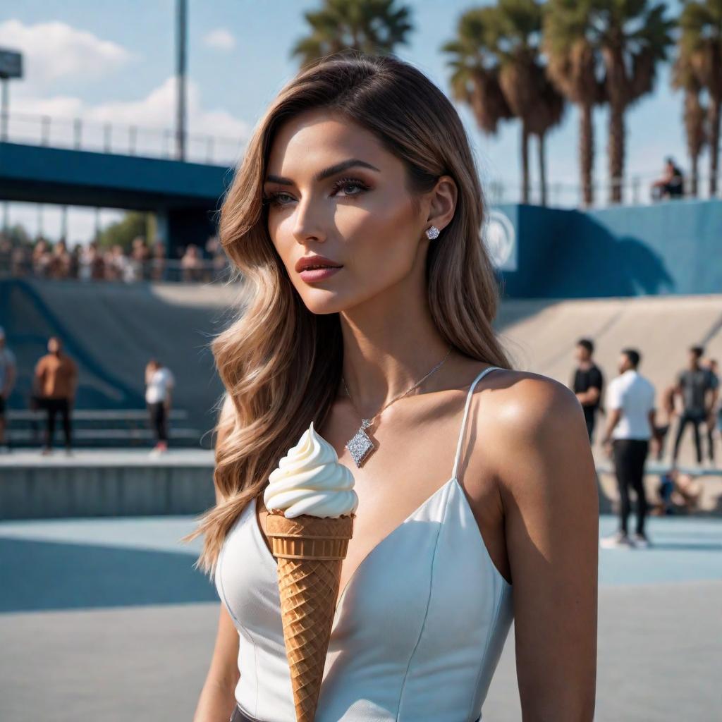  Beautiful female model wearing a diamond clustered ice cream cone pendant at a skatepark hyperrealistic, full body, detailed clothing, highly detailed, cinematic lighting, stunningly beautiful, intricate, sharp focus, f/1. 8, 85mm, (centered image composition), (professionally color graded), ((bright soft diffused light)), volumetric fog, trending on instagram, trending on tumblr, HDR 4K, 8K