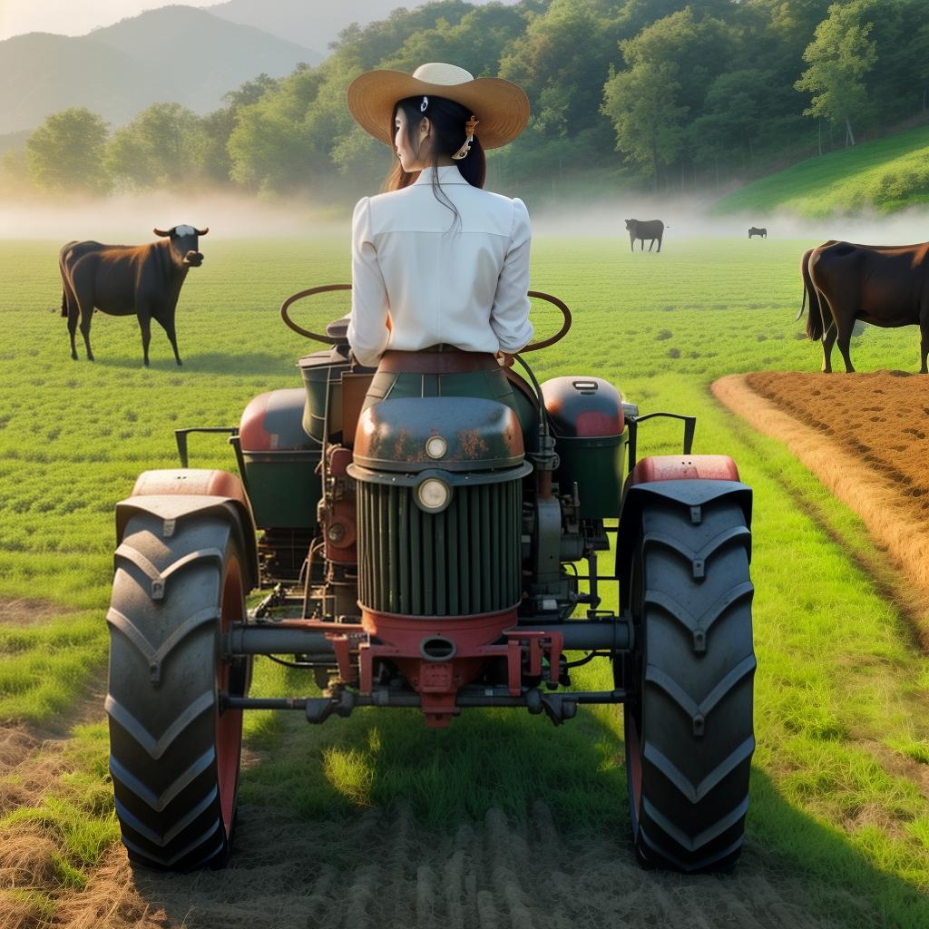  2 korean FARM GIRLS, FARMHOUSE, bulls in Background, Tractor in background, Clean face details hyperrealistic, full body, detailed clothing, highly detailed, cinematic lighting, stunningly beautiful, intricate, sharp focus, f/1. 8, 85mm, (centered image composition), (professionally color graded), ((bright soft diffused light)), volumetric fog, trending on instagram, trending on tumblr, HDR 4K, 8K