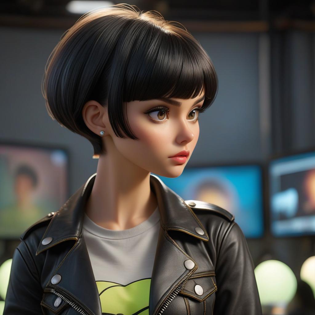  A girl with dark hair, a bowl cut, wearing a black t shirt and denim shorts, in a black leather jacket, is looking at the screen. View from behind, fluorescent lighting. hyperrealistic, full body, detailed clothing, highly detailed, cinematic lighting, stunningly beautiful, intricate, sharp focus, f/1. 8, 85mm, (centered image composition), (professionally color graded), ((bright soft diffused light)), volumetric fog, trending on instagram, trending on tumblr, HDR 4K, 8K