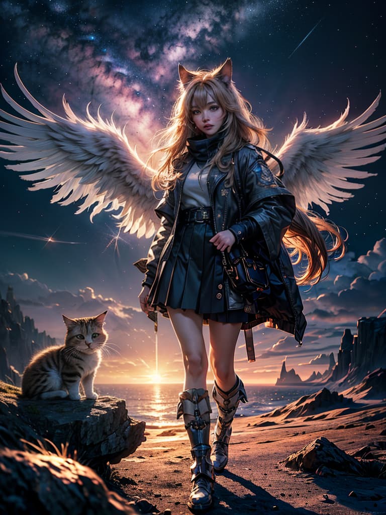  official art, unity 8k wallpaper, ultra detailed, High quality, beautiful, masterpiece, best quality, a fluffy cat floating in space, angel wings, cute, chibi cat, nebula, sparkle hyperrealistic, full body, detailed clothing, highly detailed, cinematic lighting, stunningly beautiful, intricate, sharp focus, f/1. 8, 85mm, (centered image composition), (professionally color graded), ((bright soft diffused light)), volumetric fog, trending on instagram, trending on tumblr, HDR 4K, 8K