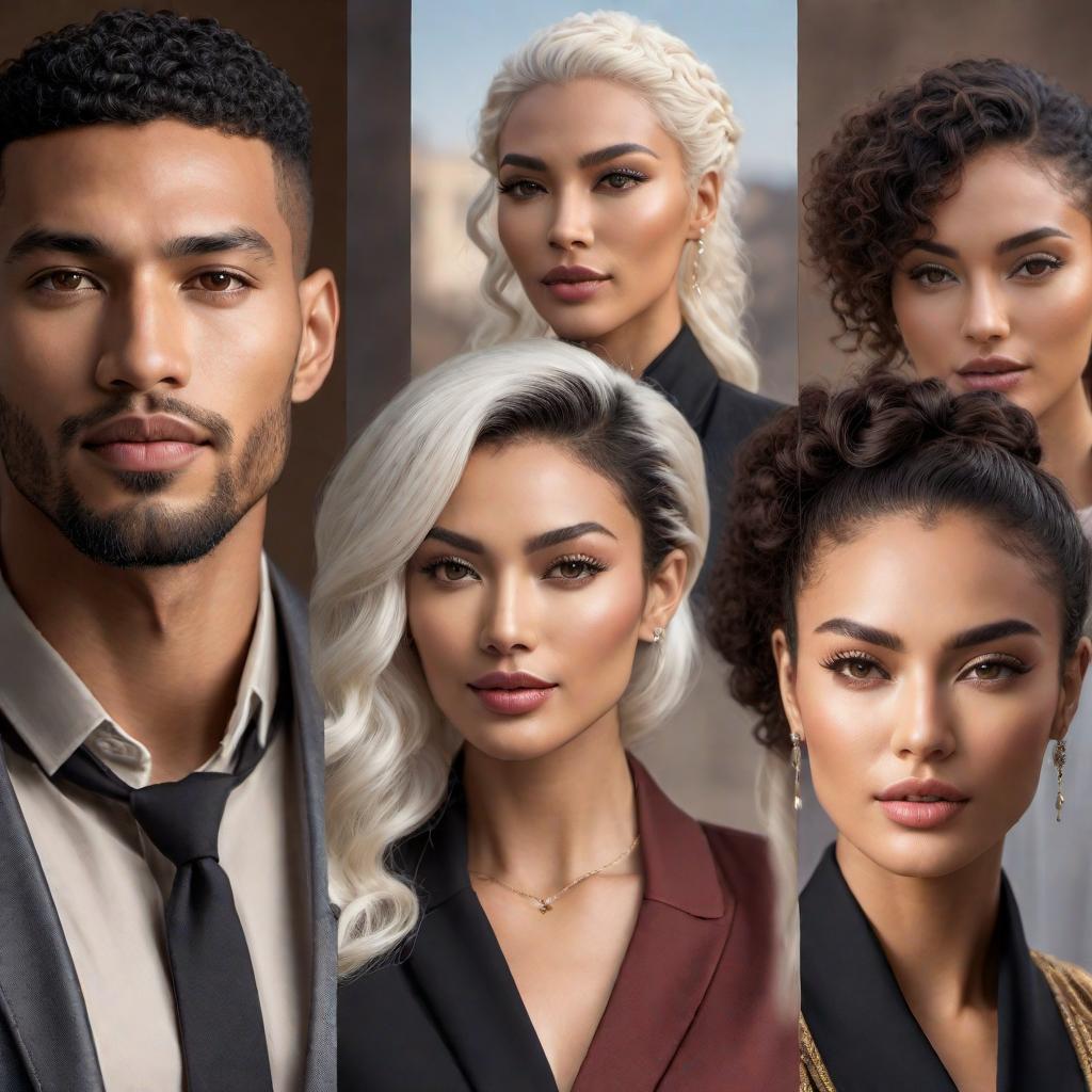  Four diverse mixed-race individuals chatting together: 1. Chinese mixed-race woman with very short, curly brown hair. 2. Young African and Middle Eastern man with cropped black hair and very white skin. 3. Japanese and Latino woman with curly white hair. 4. Indigenous and European man with wavy blond hair tied back. hyperrealistic, full body, detailed clothing, highly detailed, cinematic lighting, stunningly beautiful, intricate, sharp focus, f/1. 8, 85mm, (centered image composition), (professionally color graded), ((bright soft diffused light)), volumetric fog, trending on instagram, trending on tumblr, HDR 4K, 8K