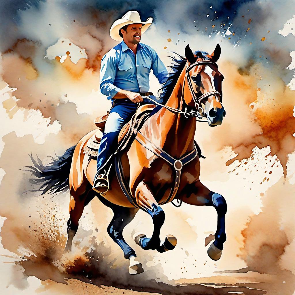  Create a watercolor painting of a man ridding a bucking horse at a rodeo. The background features soft, watercolor style splashes in earthy tones, giving the image an artistic and dreamy feel. Ensure the overall image has a delicate watercolor effect.