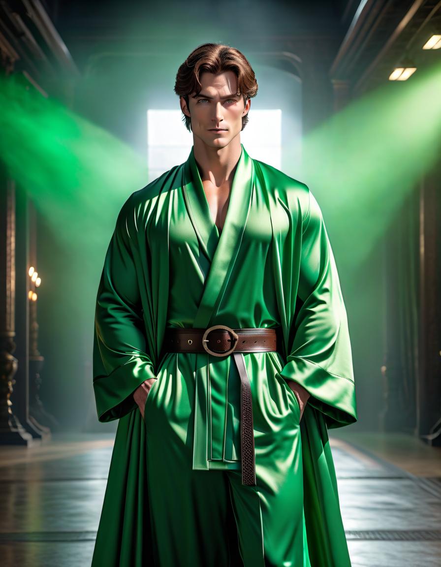  A tall man with brown hair and green eyes. He is wearing a green robe with a belt at the waist. His pants are black. hyperrealistic, full body, detailed clothing, highly detailed, cinematic lighting, stunningly beautiful, intricate, sharp focus, f/1. 8, 85mm, (centered image composition), (professionally color graded), ((bright soft diffused light)), volumetric fog, trending on instagram, trending on tumblr, HDR 4K, 8K