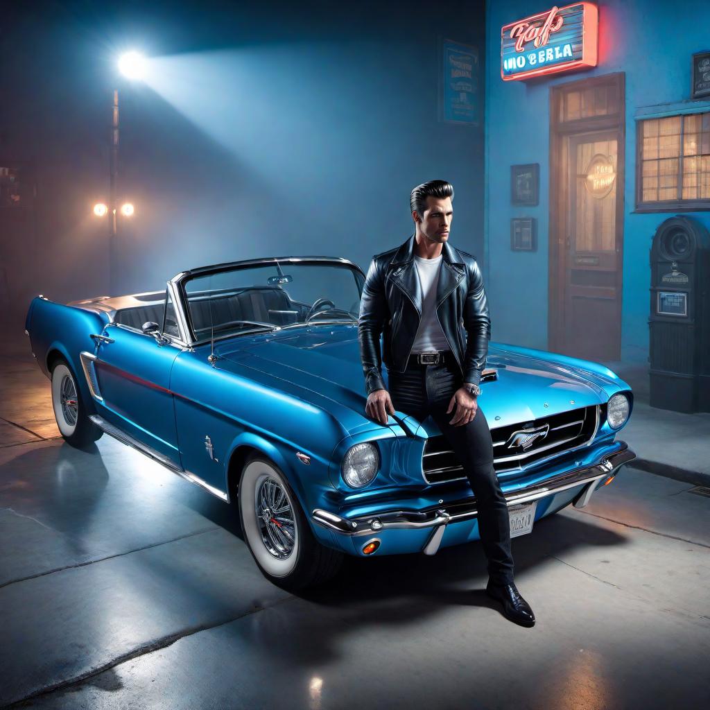  A 1950s influenced Greaser leaning against the driver side door of a 2024 Neon Blue Ford Mustang 5.0 Cobra., ((Isometric)) hyperrealistic, full body, detailed clothing, highly detailed, cinematic lighting, stunningly beautiful, intricate, sharp focus, f/1. 8, 85mm, (centered image composition), (professionally color graded), ((bright soft diffused light)), volumetric fog, trending on instagram, trending on tumblr, HDR 4K, 8K