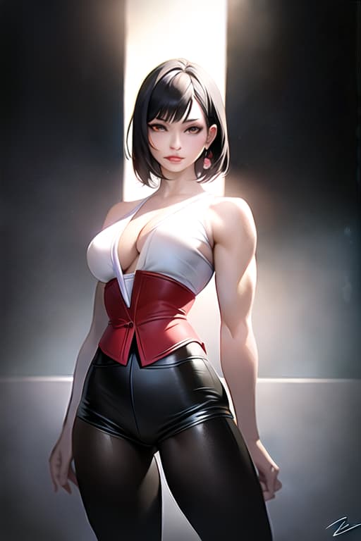  Black hair, berry short hair, beautiful woman, white dress shirt, red corset, black leather pants, muscles, always have Japanese swords, Be sure to draw from the head to the thigh, the background is outdoor, (Masterpiece, BestQuality:1.3), (ultra detailed:1.2), (hyperrealistic:1.3), (RAW photo:1.2),High detail RAW color photo, professional photograph, (Photorealistic:1.4), (realistic:1.4), ,professional lighting, (japanese), beautiful face, (realistic face)