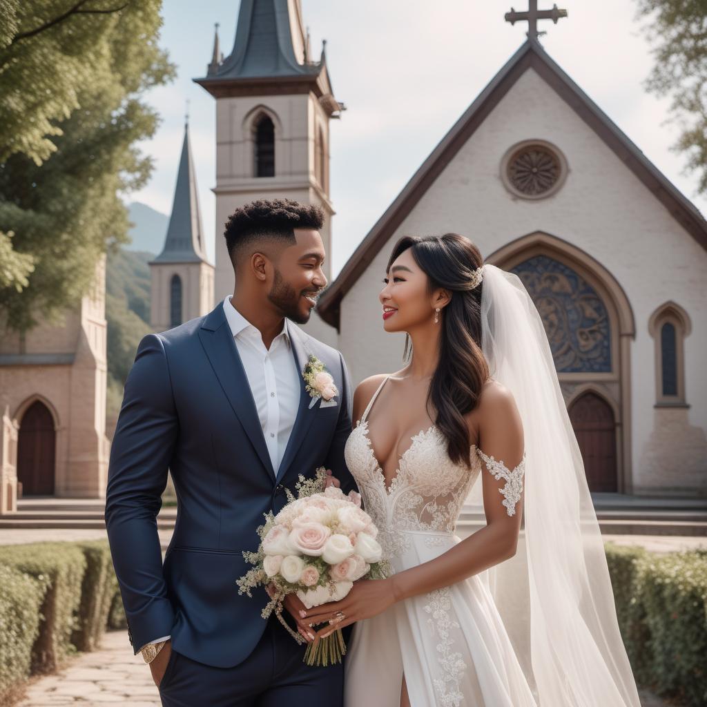  A TikTok post featuring a white man and an Asian woman, both happy and engaged, walking hand-in-hand towards a picturesque church. The scene is romantic and they are dressed nicely, reflecting their joy and love. Include elements like a caption saying, '🎉💍 Two hearts, one love! Watch as they take the first steps of their forever journey together. Walking hand in hand, heart to heart, heading to their happy ever after! 🌸❤️' and hashtags like #Engaged, #LoveStory, #WeddingJourney, #InterracialLove, #CoupleGoals, #HappilyEverAfter, #TikTokLove, and #ForeverTogether. Use a visually appealing background and trending aesthetic elements, such as trending romantic music notes illustrated around them. hyperrealistic, full body, detailed clothing, highly detailed, cinematic lighting, stunningly beautiful, intricate, sharp focus, f/1. 8, 85mm, (centered image composition), (professionally color graded), ((bright soft diffused light)), volumetric fog, trending on instagram, trending on tumblr, HDR 4K, 8K