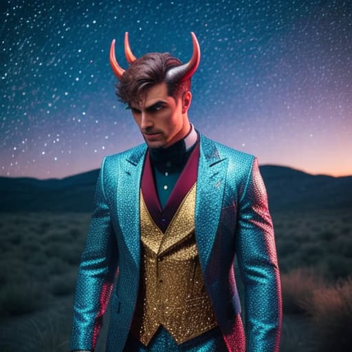  A devil man under a starry night hyperrealistic, full body, detailed clothing, highly detailed, cinematic lighting, stunningly beautiful, intricate, sharp focus, f/1. 8, 85mm, (centered image composition), (professionally color graded), ((bright soft diffused light)), volumetric fog, trending on instagram, trending on tumblr, HDR 4K, 8K