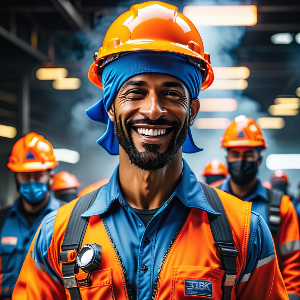  A specialist in orange construction helmet, smiling, blue overall. hyperrealistic, full body, detailed clothing, highly detailed, cinematic lighting, stunningly beautiful, intricate, sharp focus, f/1. 8, 85mm, (centered image composition), (professionally color graded), ((bright soft diffused light)), volumetric fog, trending on instagram, trending on tumblr, HDR 4K, 8K