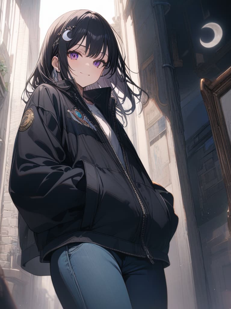  cool ,Black hair,(purple eyes),short,cropped hair,crescent moon hair ornament,smile,Black cap,black jacket,white shirt,blue jeans, hat,hands in pockets, masterpiece, best quality,8k,ultra detailed,high resolution,an extremely delicate and beautiful,hyper detail