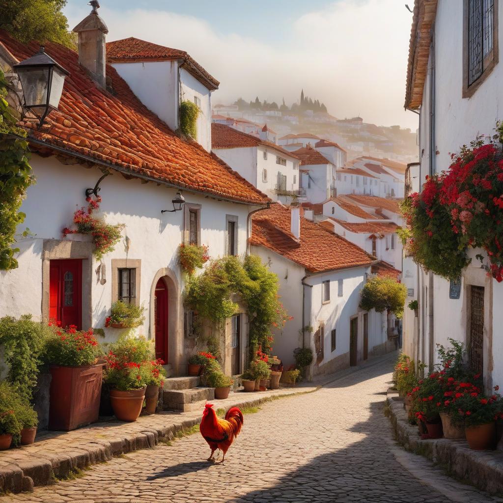  No people. Small village in Portugal. In the style of Jean Baptiste Monge, old white houses with red roofs, windows bordered with a wide yellow outline. Red roosters walk in the middle of the street. Details. Lots of embellishments and small details, detailed look. soft colors, HDR, 4K hyperrealistic, full body, detailed clothing, highly detailed, cinematic lighting, stunningly beautiful, intricate, sharp focus, f/1. 8, 85mm, (centered image composition), (professionally color graded), ((bright soft diffused light)), volumetric fog, trending on instagram, trending on tumblr, HDR 4K, 8K