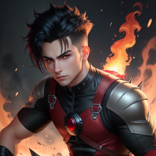  Caucasian, , male, avarage hight, black spiky hair, sungles, red and black shirt with a pentecle on the , red gloves and boots, fire powers , hyperrealistic, high quality, highly detailed, perfect lighting, intricate, sharp focus, f/1. 8, 85mm, (centered image composition), (professionally color graded), ((bright soft diffused light)), trending on instagram, HDR 4K, 8K