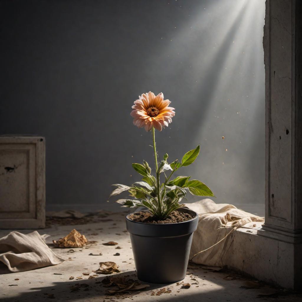  A dead, dry flower with eyes whacked out, conveying a sense of lifelessness. The flower is positioned as if it has fallen over. There is a bullet hole in the flower pot, leaving it cracked and damaged, with fragments scattered around. hyperrealistic, full body, detailed clothing, highly detailed, cinematic lighting, stunningly beautiful, intricate, sharp focus, f/1. 8, 85mm, (centered image composition), (professionally color graded), ((bright soft diffused light)), volumetric fog, trending on instagram, trending on tumblr, HDR 4K, 8K