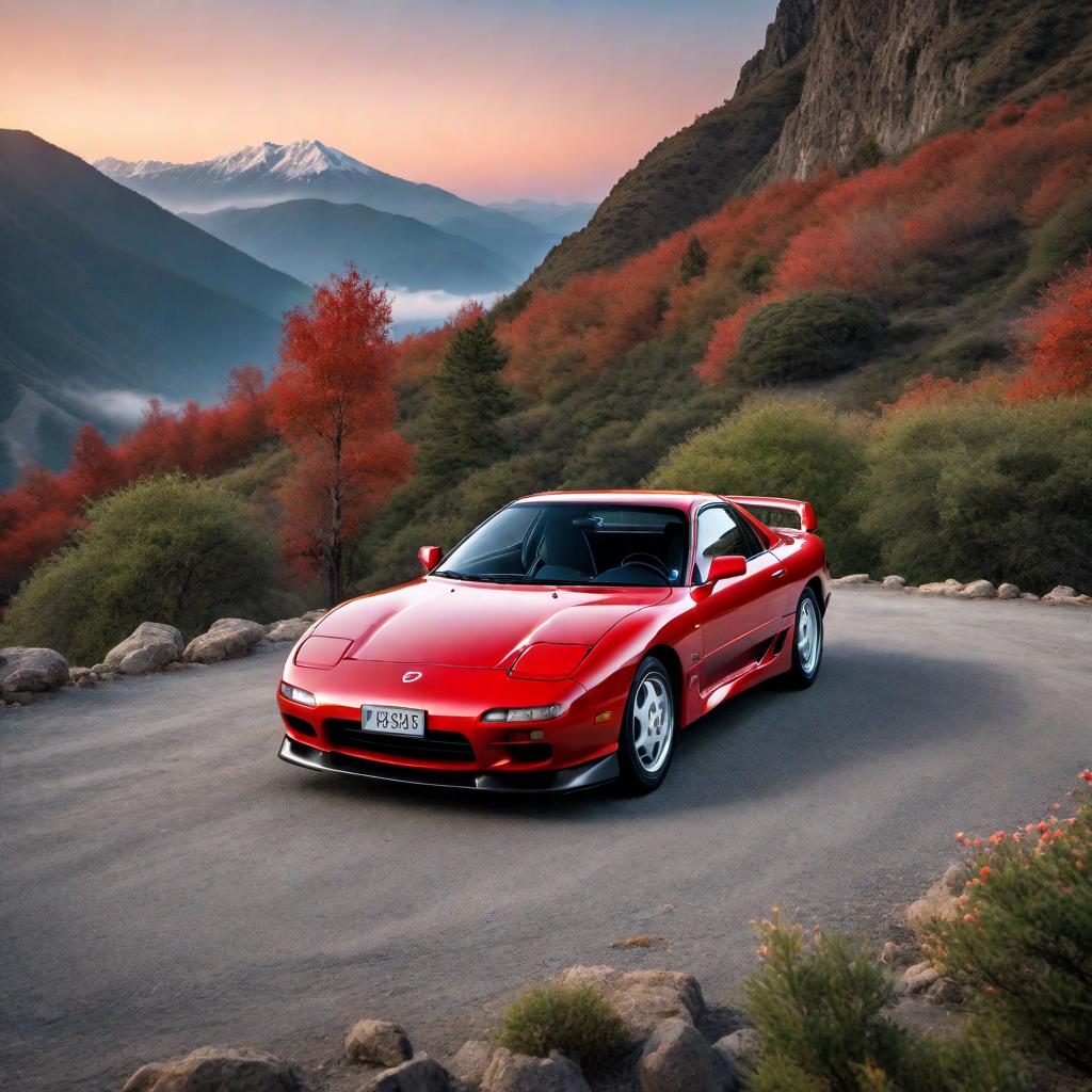  1989 Mazda RX-7 FC model, red color, parked in a scenic location with a mountainous background, under a clear blue sky hyperrealistic, full body, detailed clothing, highly detailed, cinematic lighting, stunningly beautiful, intricate, sharp focus, f/1. 8, 85mm, (centered image composition), (professionally color graded), ((bright soft diffused light)), volumetric fog, trending on instagram, trending on tumblr, HDR 4K, 8K