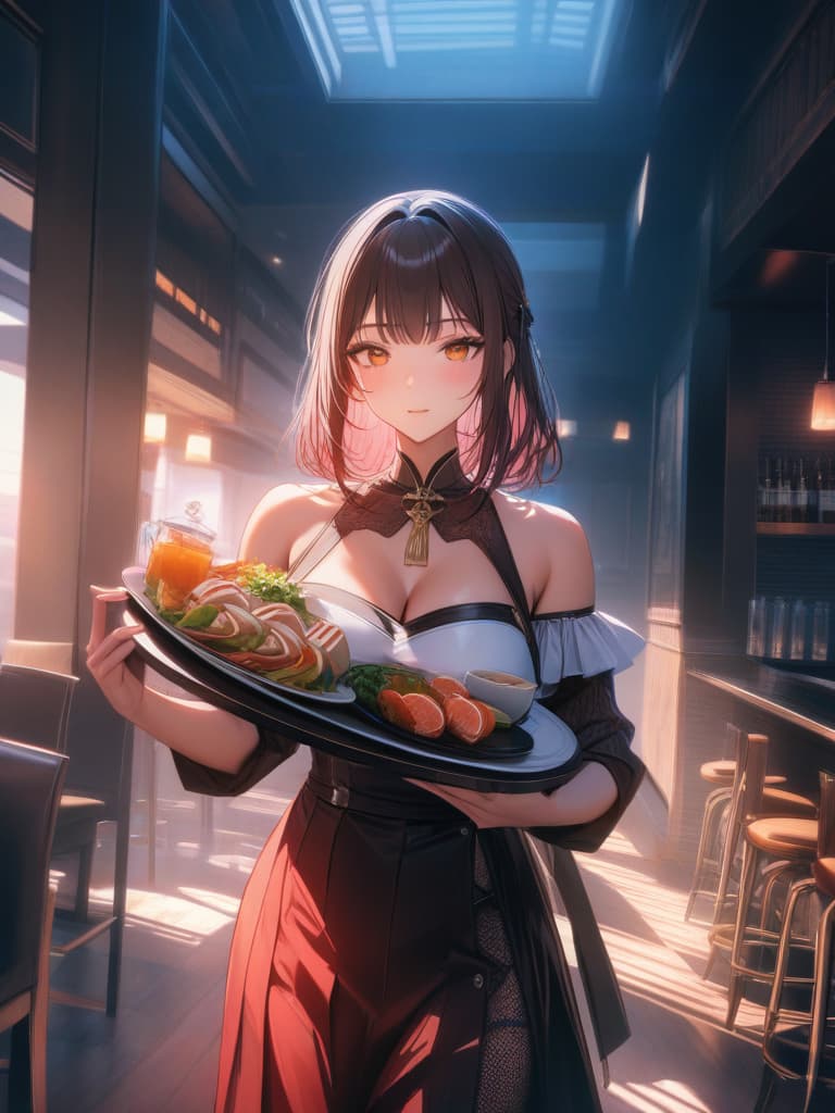  Japan Painting Style, Frill Appron, Bare Shoulder, Carry A Tray, Japanese Cafe, Best Quality: 1.4, Ultra Detailed Texture ToreAlistic, Absurd Resolution, 8k Illustration, 💩, 💩, 💩, 💩, 💩,, masterpiece, best quality,8k,ultra detailed,high resolution,an extremely delicate and beautiful,hyper detail hyperrealistic, full body, detailed clothing, highly detailed, cinematic lighting, stunningly beautiful, intricate, sharp focus, f/1. 8, 85mm, (centered image composition), (professionally color graded), ((bright soft diffused light)), volumetric fog, trending on instagram, trending on tumblr, HDR 4K, 8K