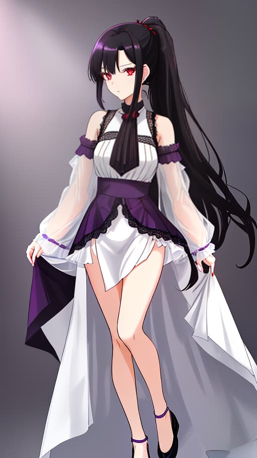  A young with youthful features, long black hair pulled back in two ponytails, and deep red eyes. She has a slender figure with natural proportions. She is wearing a light summer outfit: a dark purple knee length , loose fitting and slightly flared, made of light fabric with small lace at the edges. The is light purple in color, made of light and airy fabric, with a V neck and short sleeves with small ruffles. Makeup: light black eyeliner around the eyes, dark purple shadows and a light dark purple lip gloss. The lies on a white sheet, positioned horizontally, creating a feeling of coziness and comfort, with a gentle and caring expression on her face. Full length image. Top view, image for dakimakura, one character, lyi hyperrealistic, full body, detailed clothing, highly detailed, cinematic lighting, stunningly beautiful, intricate, sharp focus, f/1. 8, 85mm, (centered image composition), (professionally color graded), ((bright soft diffused light)), volumetric fog, trending on instagram, trending on tumblr, HDR 4K, 8K