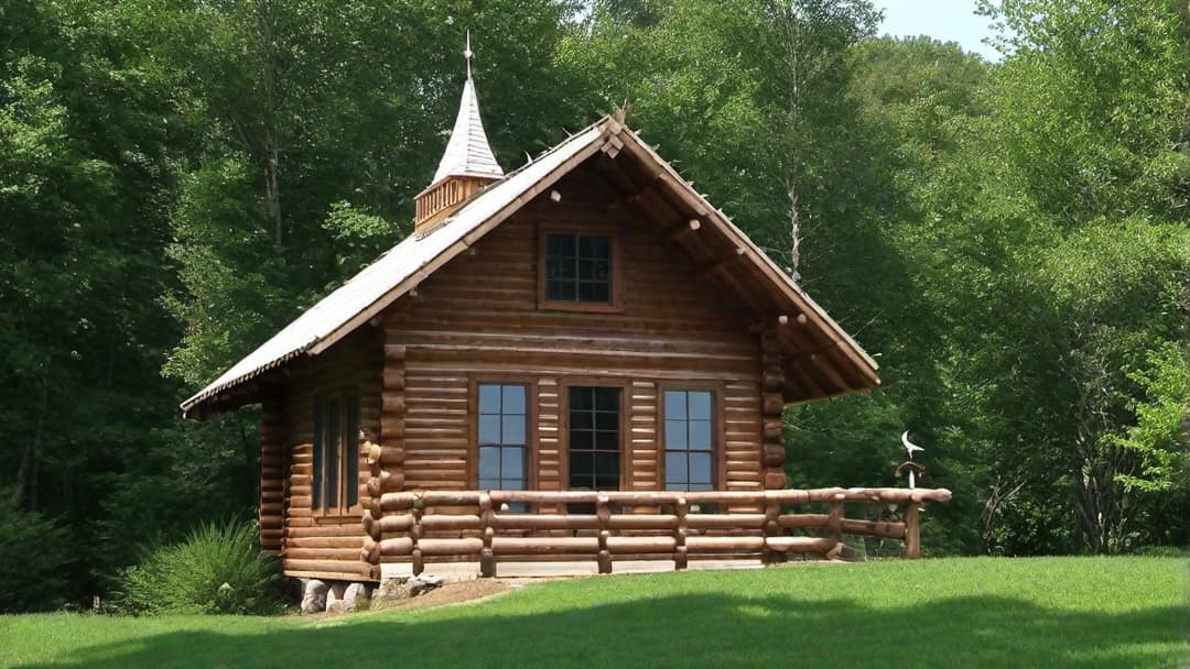  Classic Log Cabin with Rustic Wind Vane, zoom out to see the full home, make the image sharp and crisp, bright sunny.