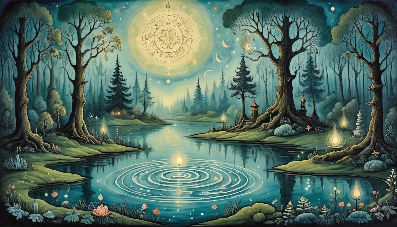  on parchment, surrealism+++, Ripples on a serene pond, each ripple glowing softly, reflections of celestial symbols, dark forest in the background, sense of positive change, spiritual transformation(mysterious, provocative, symbolic,muted color)+++