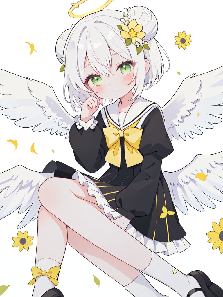  1girl,halo,on side,hair ornament,white background,yellow bow,flower,black dress,feathered wings,blush,black sailor collar,two bun hair,hair between eyes,closed mouth,,white hair,dress,puffy long sleeves,long sleeves,lying,puffy sleeves,socks, green eyes,wings,hair flower,pleated dress,ribbon trim,sailor collar,high socks,solo,frills,white socks,crossover,loose socks,sailor dress,petals,bow,simple background,ribbon trimmed sleevesmasterpiece,newest,absurdres,safe, masterpiece, best quality,8k,ultra detailed,high resolution,an extremely delicate and beautiful,hyper detail