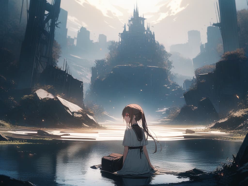  Hair colored beige, twin tails, black ribbon on hair, stars, light, white world, ruins, some nature, water, sitting, red eyes, masterpiece, best quality,8k,ultra detailed,high resolution,an extremely delicate and beautiful,hyper detail