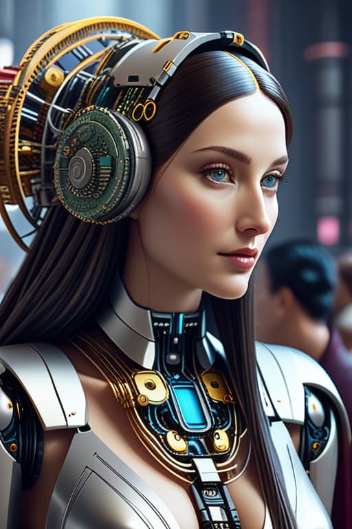  As if painted by davinci’s Mona Lisa A happy beautiful female robot woman in a wearing a headdress made from electronic components, nordic detailed face of an android, hyper realistic, super detailed, ultra detailed, digital painting, high resolution, award winning photo, cinematic, masterpiece, epic, elegant, ornate, fantasy, portrait, sharp focus, ilration, unreal engine 5, concept art, matte, bold shapes, geometric shapes, vint colors, photorealism, hd quality, 8k hyperrealistic, full body, detailed clothing, highly detailed, cinematic lighting, stunningly beautiful, intricate, sharp focus, f/1. 8, 85mm, (centered image composition), (professionally color graded), ((bright soft diffused light)), volumetric fog, trending on instagram, trending on tumblr, HDR 4K, 8K