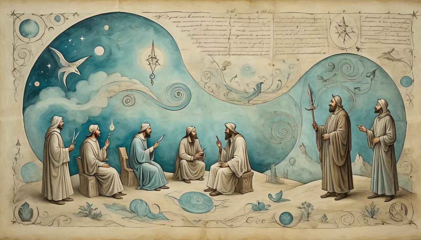  on parchment, surrealism+++, A group of figures in discussion, sharing dreams, ethereal symbols of insight and encouragement above, collaborative, supportive(mysterious, provocative, symbolic,muted color)+++