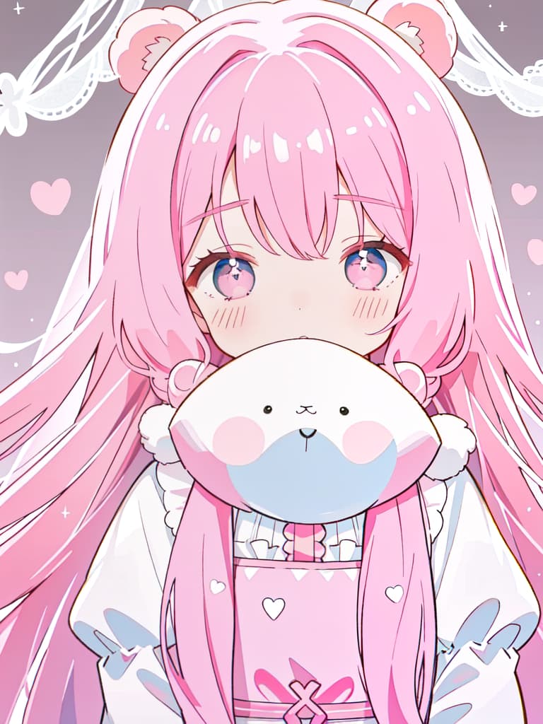  Long hair, , pink hair, bear stuffed animal, face, shy face, masterpiece, best quality,8k,ultra detailed,high resolution,an extremely delicate and beautiful,hyper detail