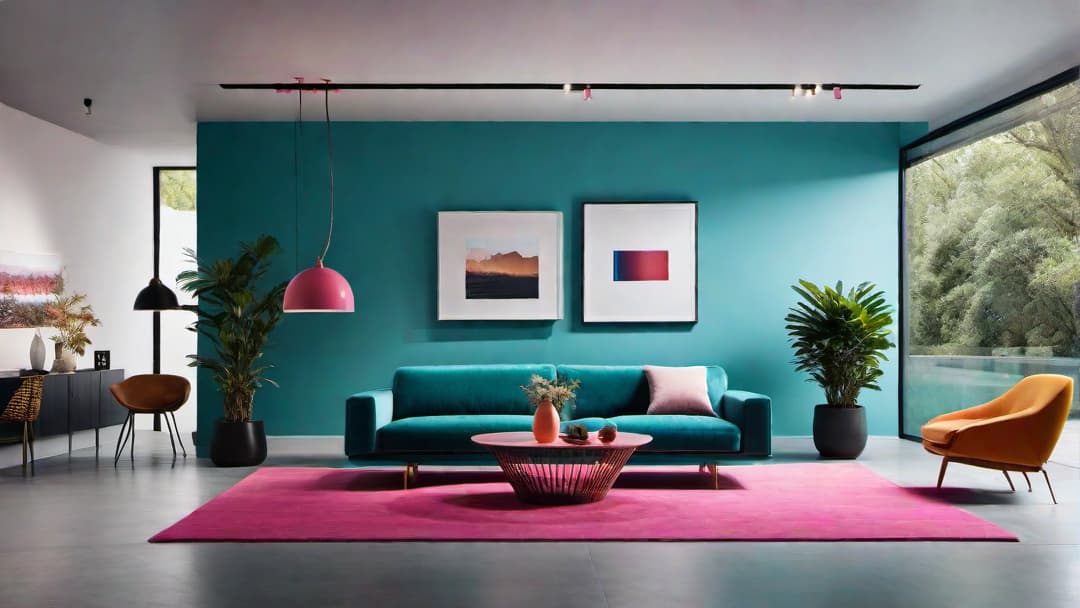  Create an image of a retro living room inspired by 80s home interior designs. The room should be decorated with vibrant colors like neon green, electric blue, and hot pink, along with bold patterns and geometric shapes. Include abstract art pieces on the walls and a large, round shag carpet. The seating area should have plush, oversized sofas and chairs. The room should be lit by a statement ceiling light fixture in a futuristic design, conveying a modern and eclectic aesthetic. hyperrealistic, full body, detailed clothing, highly detailed, cinematic lighting, stunningly beautiful, intricate, sharp focus, f/1. 8, 85mm, (centered image composition), (professionally color graded), ((bright soft diffused light)), volumetric fog, trending on instagram, trending on tumblr, HDR 4K, 8K