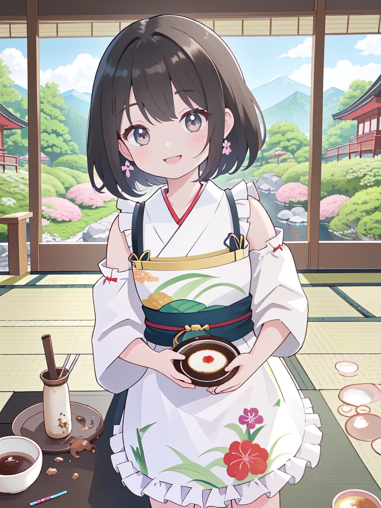  Japanese Painting Style, FRILL APRON, BARE SHOULDER, CARRY A TRAY, HAPPY SMILE, Japanese Cafe, Best Quality: 1.4, ULTRA DETALED EXTURE, Raw PhotOREALISTIC, Absurd Resolution, 8k Illustration, 💩, 💩, 💩, 💩, 💩, 💩,, masterpiece, best quality,8k,ultra detailed,high resolution,an extremely delicate and beautiful,hyper detail