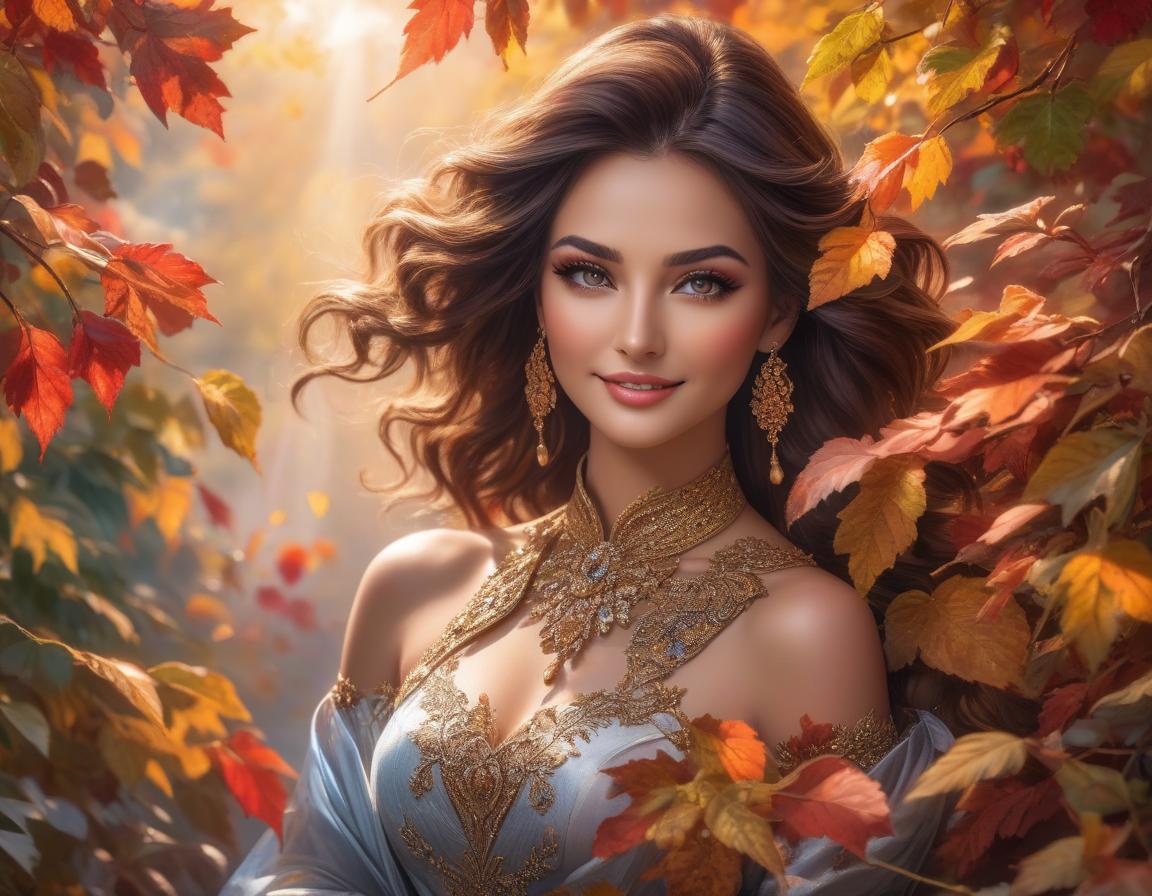  A stunning woman with mesmerizing brown eyes and a shy, yet lovely smile stands amidst a whirlwind of colorful leaves, her beauty rivaling that of nature itself., face by Bagshaw, Atroshenko, hyperrealistic, full body, detailed clothing, highly detailed, cinematic lighting, stunningly beautiful, intricate, sharp focus, f/1. 8, 85mm, (centered image composition), (professionally color graded), ((bright soft diffused light)), volumetric fog, trending on instagram, trending on tumblr, HDR 4K, 8K